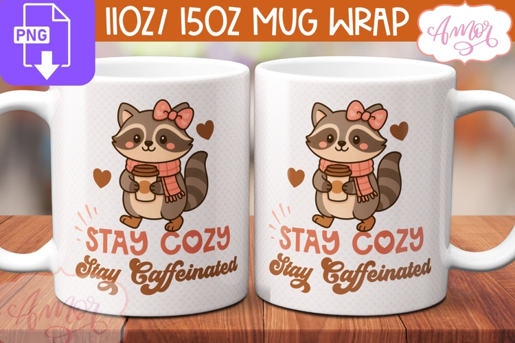 Stay Cozy Mug Wrap Sublimation, Fall Raccoon Mug