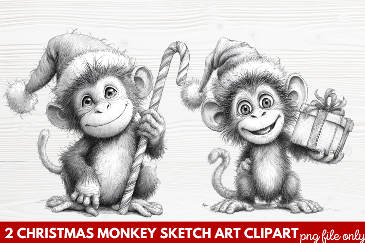 Christmas Monkey Sketch Art Clipart | Hand-Drawn Holiday