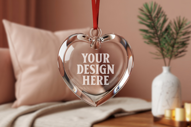 Christmas Heart Crystal Glass Ornament Mockup | Clear Heart