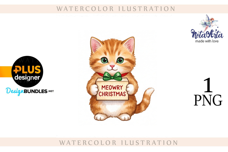 Christmas Kitten in Watercolor Style