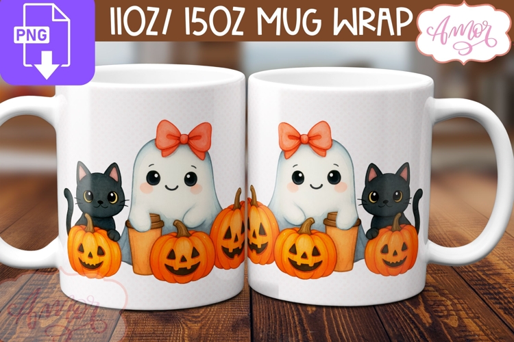 Cute Halloween mug wrap PNG, Cute ghost and pumpkins png