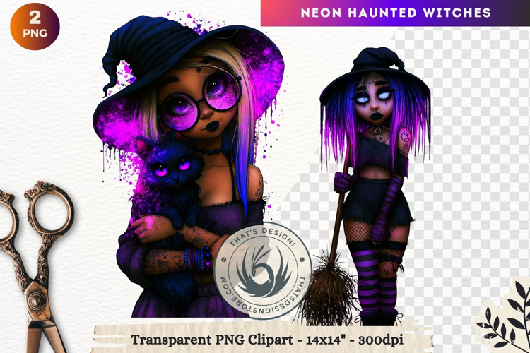 Neon Haunted Witches Clipart, Spooky Kawaii Halloween PNG