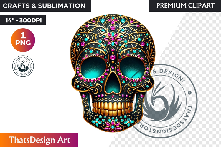 Floral Black Gold Sugar Skull Day of the Dead Clipart PNG