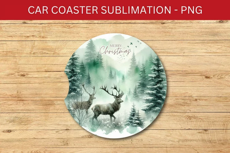 rounded car coaster - deer in the forest
