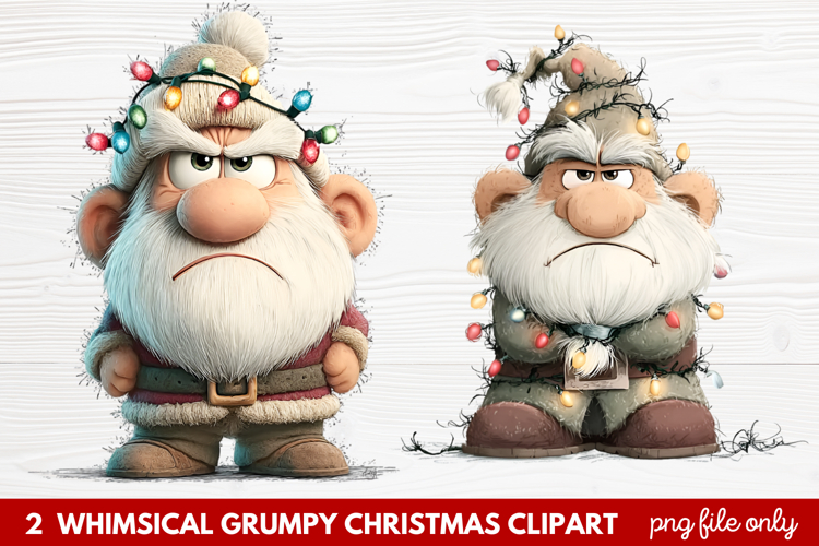 2 Whimsical Grumpy Christmas Clipart | Funny Grumpy Holiday