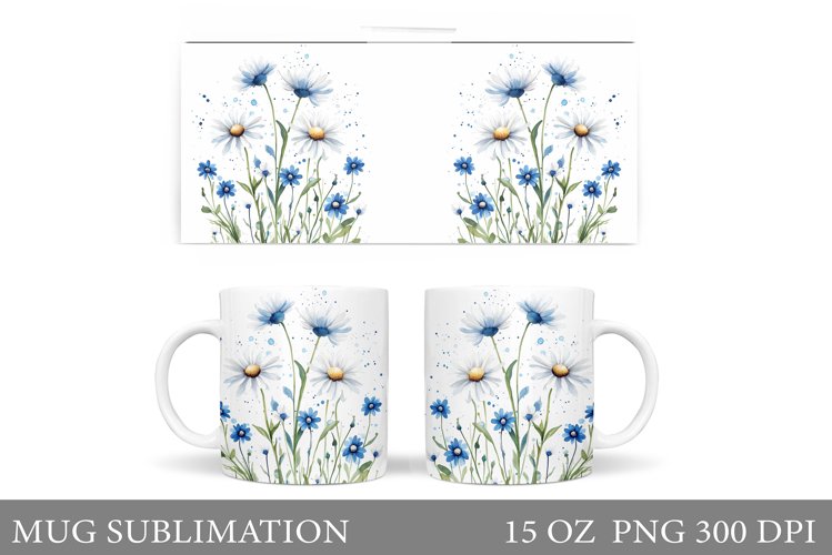 Flowers Mug Sublimation. Daisy Flowers Mug Wrap Design example image 1