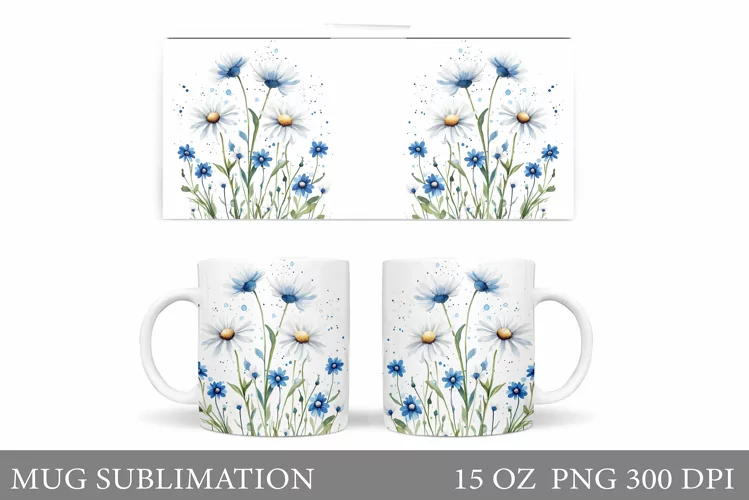 Flowers Mug Sublimation. Daisy Flowers Mug Wrap Design