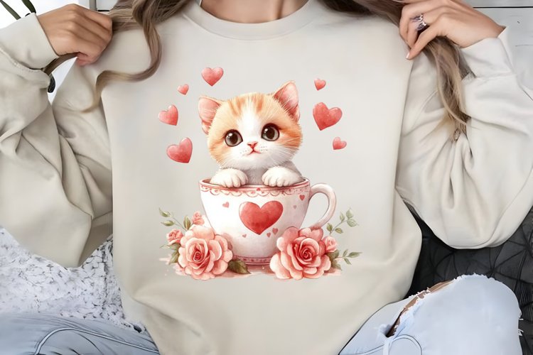 Watercolor Valentine Cat Love Clipart PNG