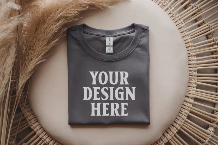 Gildan 64000 Black Folded T-Shirt Mockup | Flat Lay Unisex