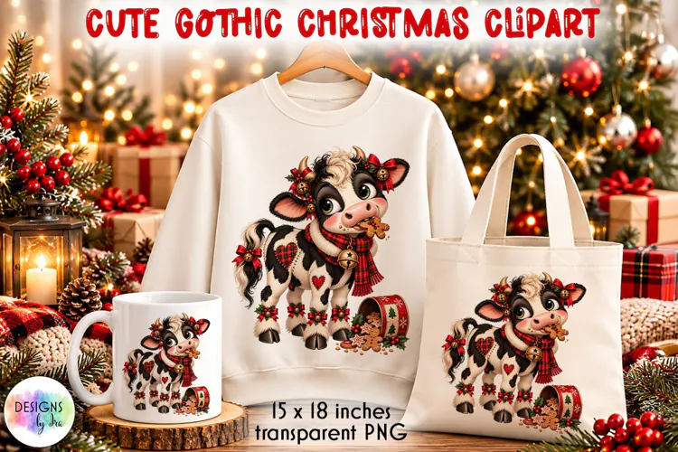 Gothic Patchwork Christmas Cow PNG Clipart