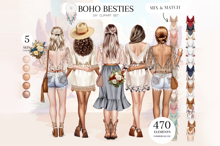 Boho Besties Clipart Set Create Stylish Bohemian Designs