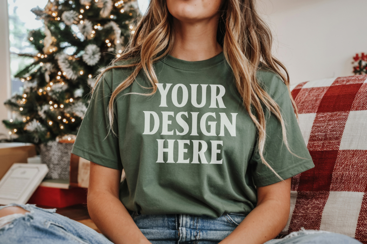 Christmas Bella Canvas 3001 Forest Green Shirt Mockup ,Trand