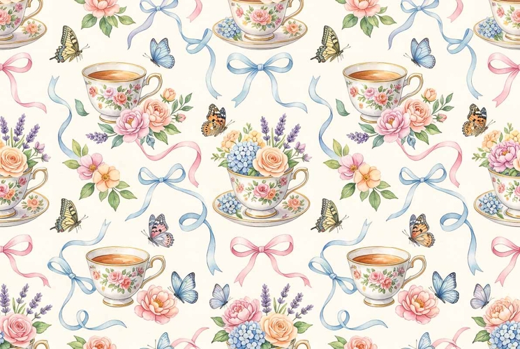 Watercolor seamless Floral Teacups repeat pattern Mothers D