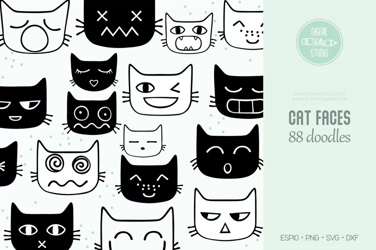 Funny Cat Faces | Hand Drawn Kawaii Feline Doodles