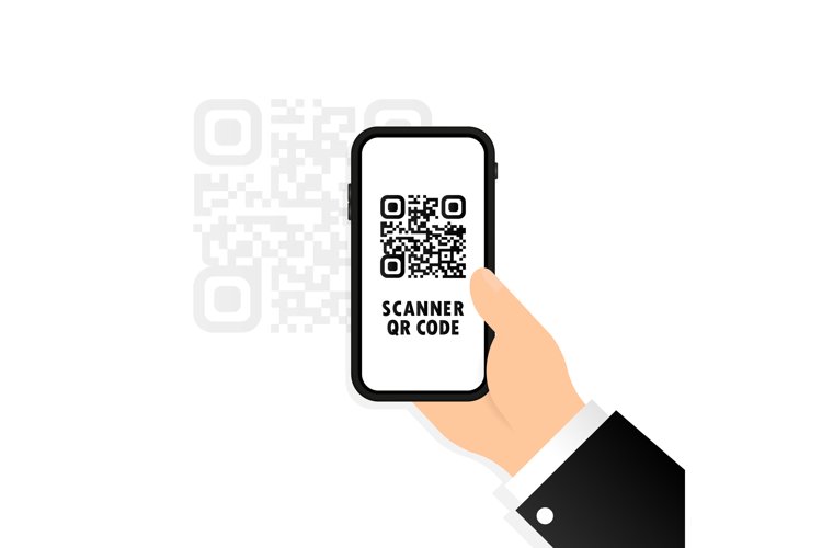 QR scanner icon. Mobile phone in hand scans QR code. (2026606 ...