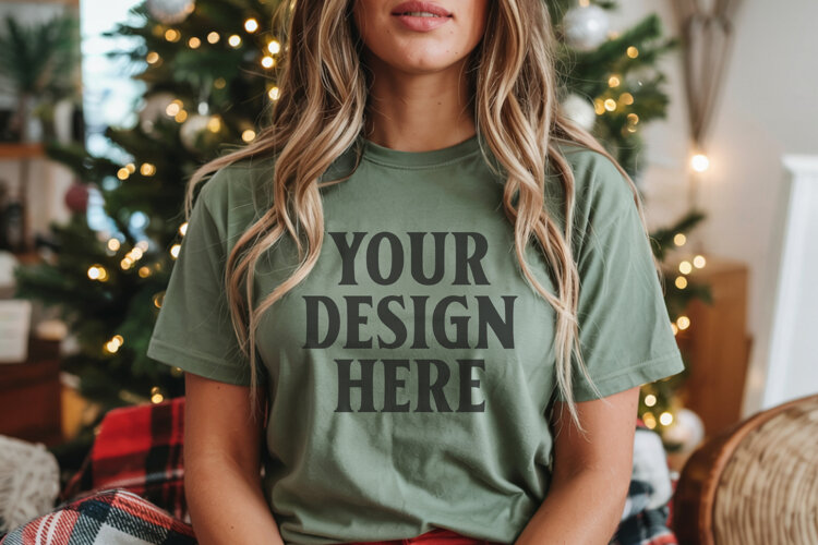 Christmas Bella Canvas 3001 Forest Green Shirt Mockup ,Trand example image 1