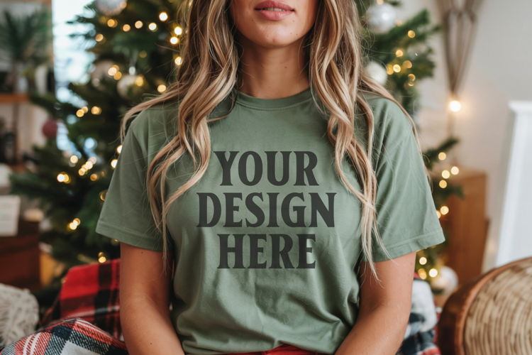 Christmas Bella Canvas 3001 Forest Green Shirt Mockup ,Trand