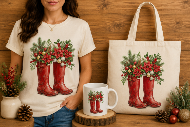Red Rain Boots Fall Floral Autumn Harvest Watercolor Art