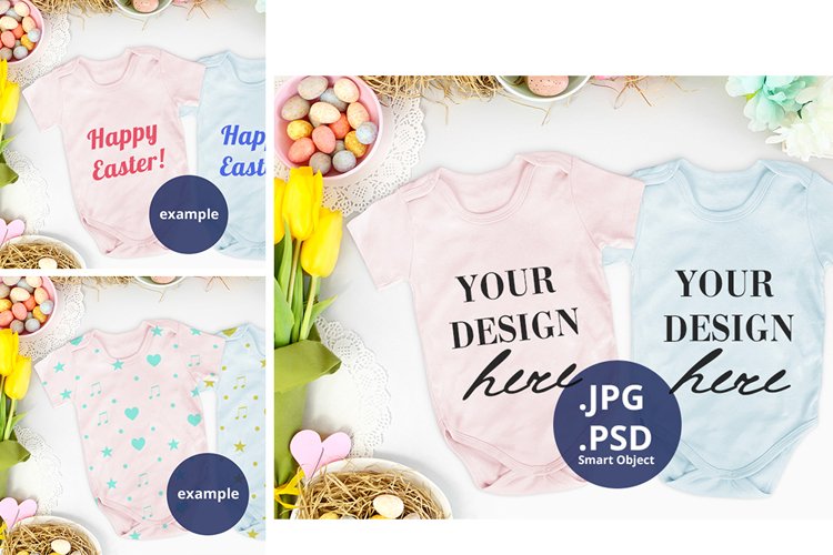 Easter 2 Pink & Blue Baby bodysuits Mockup, PSD mockup example image 1