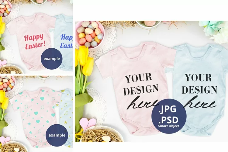 Easter 2 Pink & Blue Baby bodysuits Mockup, PSD mockup