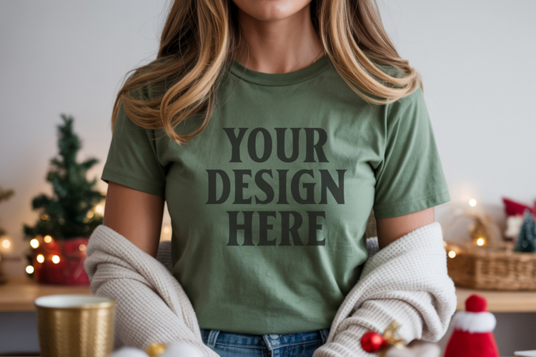 Christmas Bella Canvas 3001 Kelly Green Shirt Mockup ,Trand