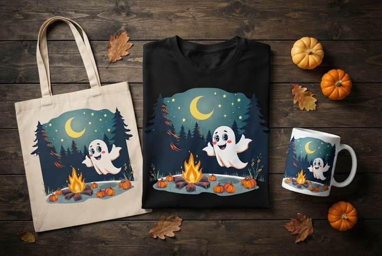 Cute Ghost Campfire Halloween Design with Pumpkins