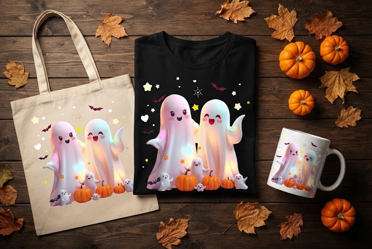 Cute Ghost Family Halloween Design with Pumpkins and Bats