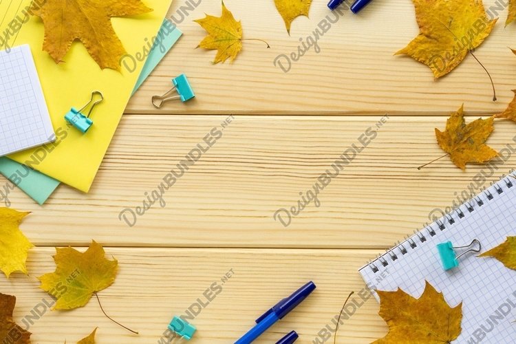 Frame of school or office stationery with maple leaves