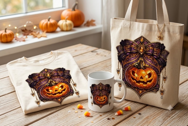 Gothic Halloween Pumpkin PNG, Purple Bow Jack O Lantern Subl