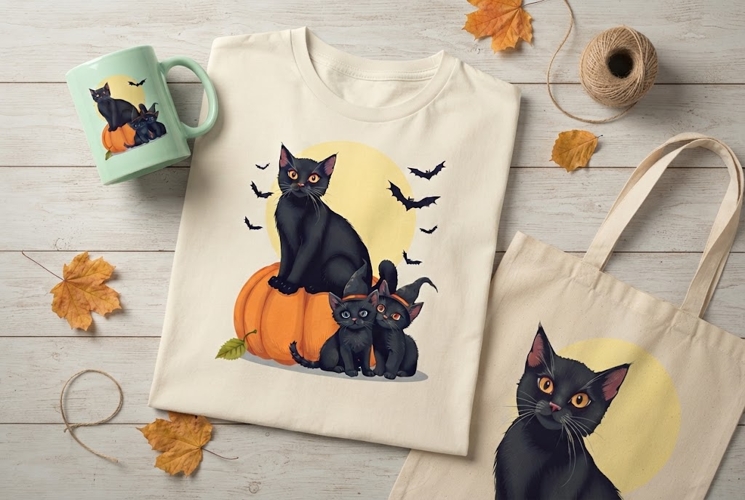 Halloween Black Cat Mom & Kittens PNG | Pumpkin Clipart