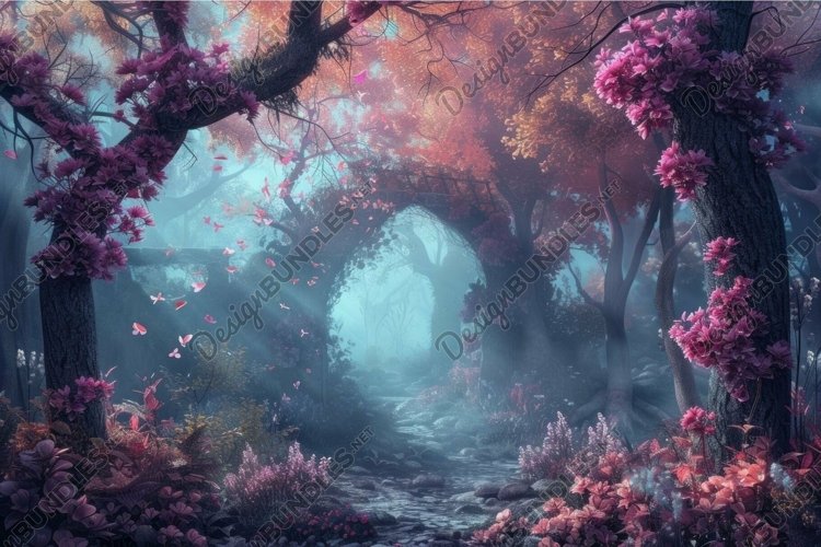 Enchanted forest path with blossoming trees example image 1