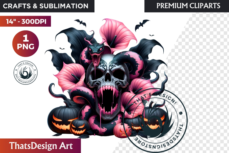 Pink and Black Gothic Halloween Skulls Clipart, pastel goth