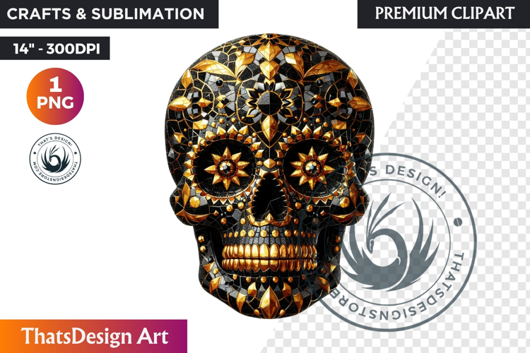 Floral Black Gold Sugar Skull Day of the Dead Clipart PNG