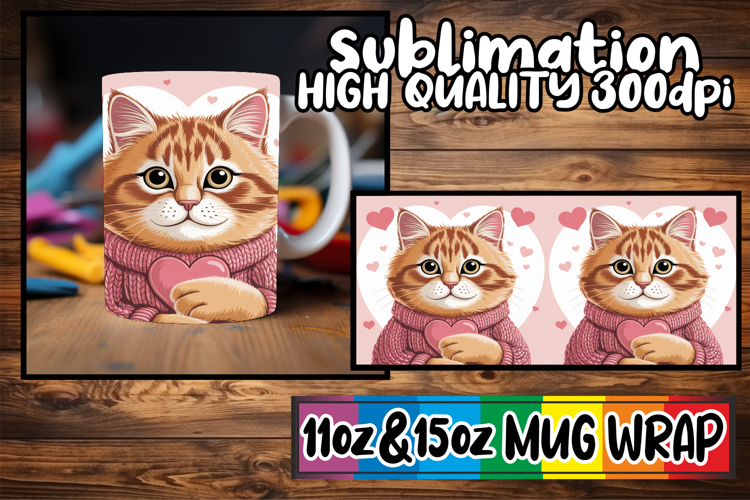 Pure joy sublimation mug wrap, Valentines Cat