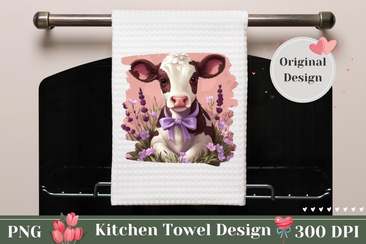Cute Cow Kitchen Towel Design, Floral Dish Towel Sublimation