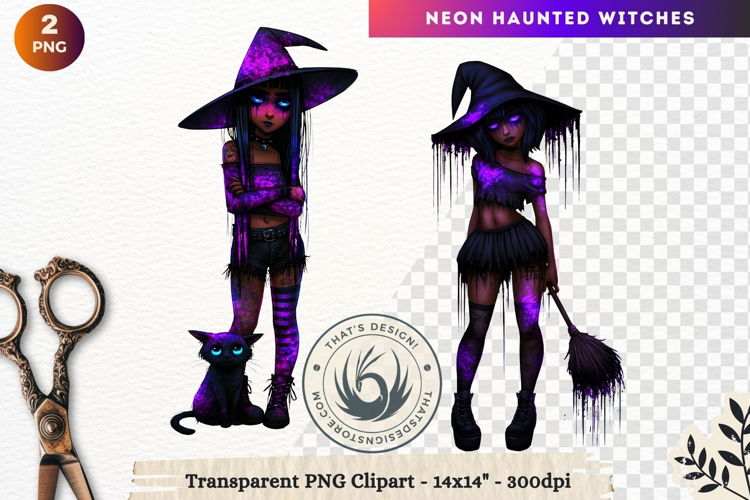 Neon Haunted Witches Clipart, Spooky Kawaii Halloween PNG