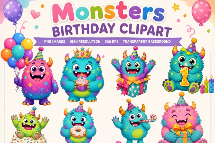 Monsters Birthday Clipart | 12 PNG Cute Monster Party