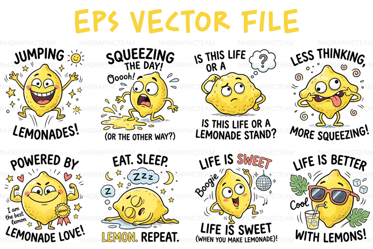 Cute Funny Lemon Cartoon Summer Humor Bundle T-Shirt EPS Set