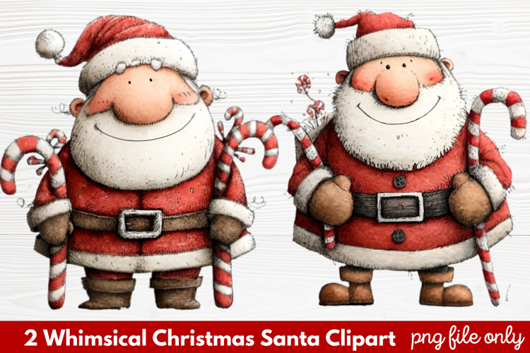 2 Whimsical Christmas Santa Clipart | Cute Santa PNG