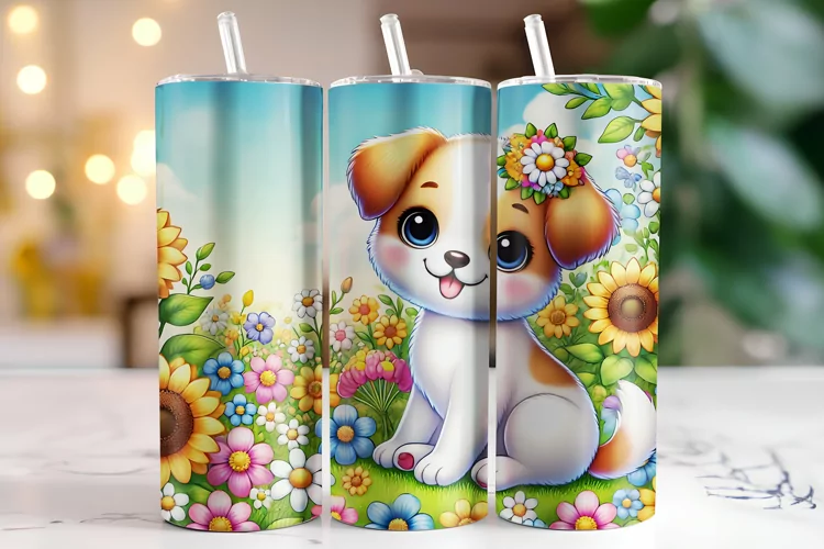 Flowers & Dog Tumbler Wrap | Sublimation | Tumblers