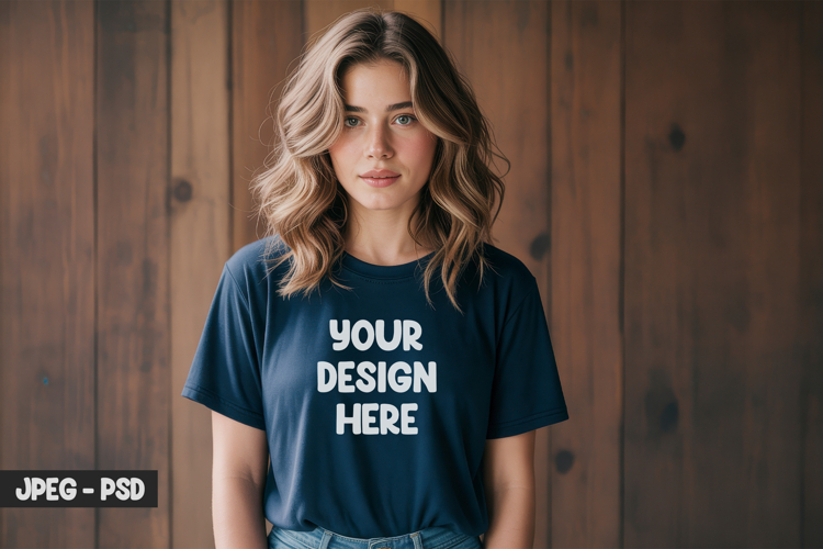 Navy T-Shirt PSD Mockup on Woman