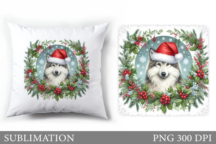Cute Wolf Pillow Design. Christmas Pillow Sublimation example image 1