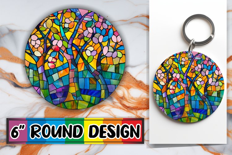 Round Design Stained Glass Tree Colorful Keychain Sublimatio example image 1