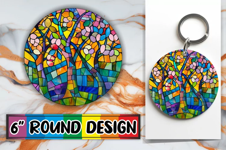 Round Design Stained Glass Tree Colorful Keychain Sublimatio
