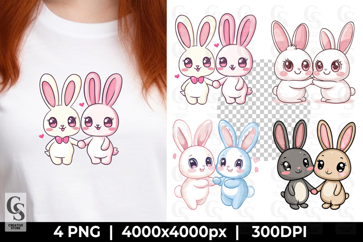 Kawaii Bunny Couple Cute Rabbits Clipart Sublimation PNG
