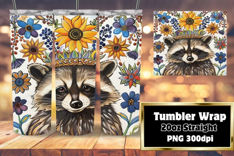 Sublimation Tumbler Wrap: Bright Raccoon with Flowers