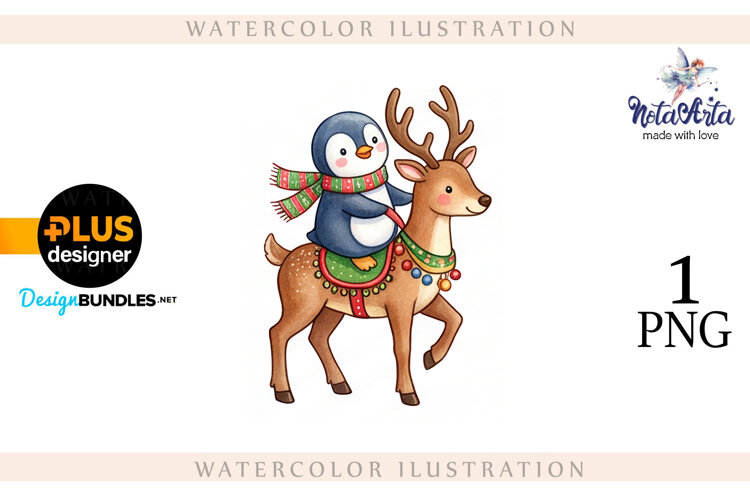 Christmas Penguins in Watercolor Style example image 1