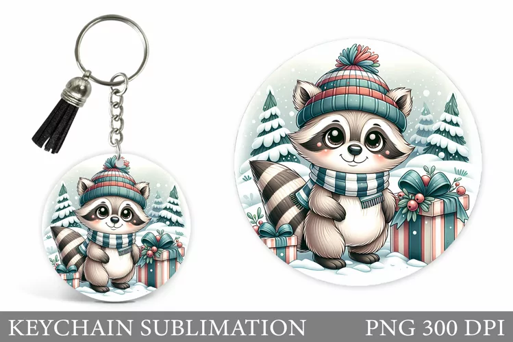 Christmas Raccoon Keychain. Christmas Keychain Sublimation