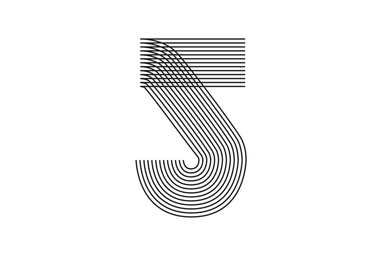 Geometric Number five 5 Line Art in black thin striped lines