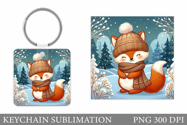Christmas Fox Keychain. Christmas Keychain Sublimation